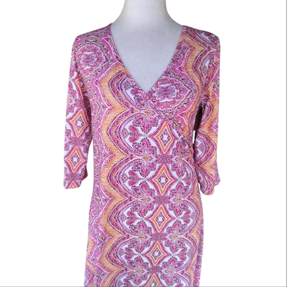 Prana Nadia Veeda Faux Wrap Colorful Orange Pink Midi Dress Size Large - Picture 3 of 9